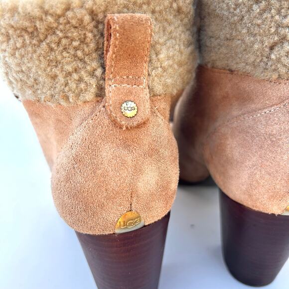 UGG Analise Suede Shearling High Heeled Booties Ankle Boots Tan 9.5 - Picture 6 of 9